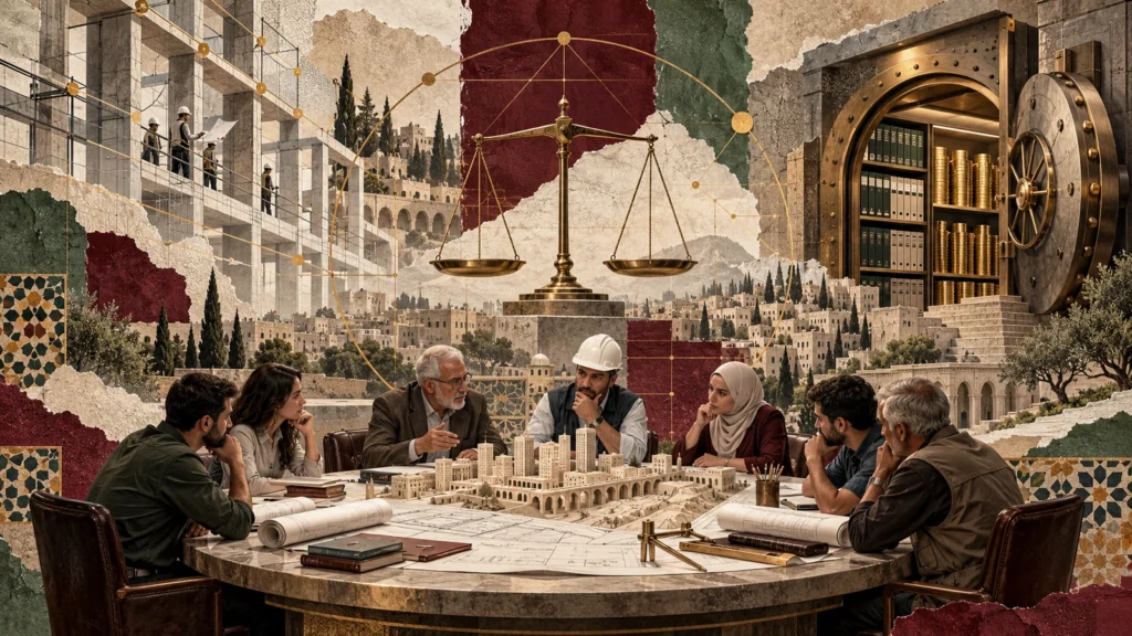 مهندسون أردنيون حول طاولة تخطيط ترمز إلى الحوكمة وصندوق التقاعد والإصلاح المؤسسي